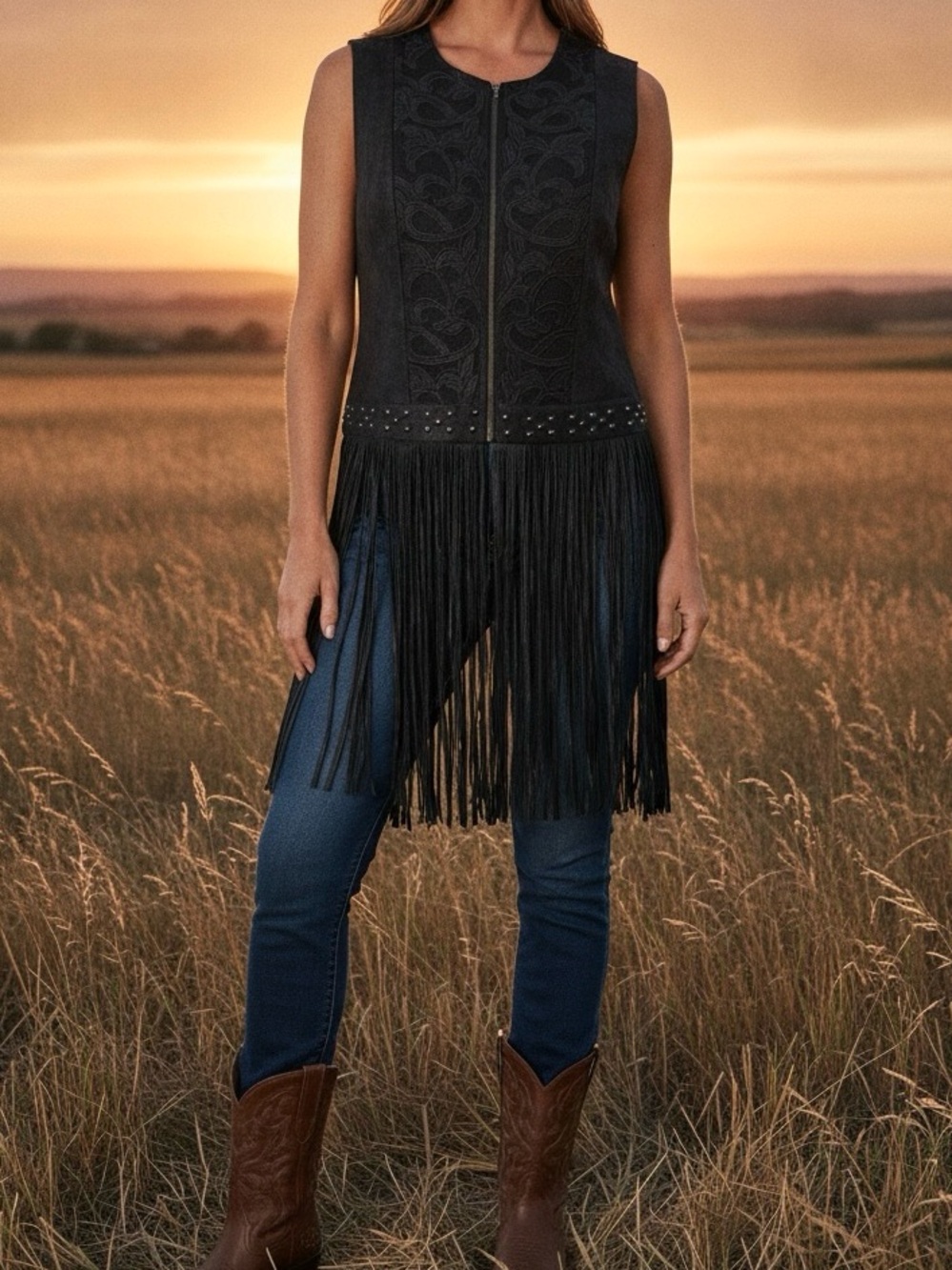 NWT Reba Black Embossed  Studded Fringe Western Biker Vest Medium